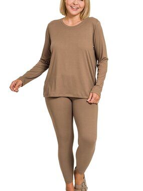 Plus Size Buttery Soft DTY Microfiber Top & Leggings Set | Round Neck | Mocha